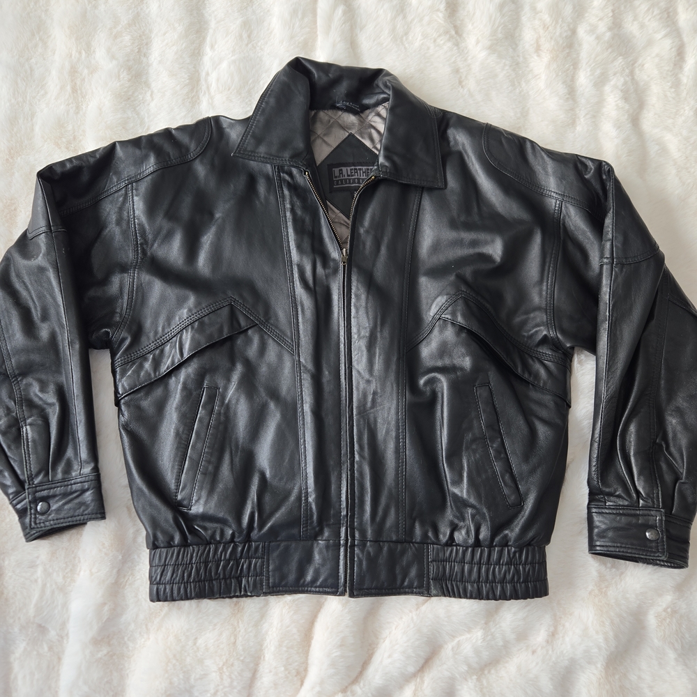 Vintage L.A. Leather California Black Leather Bomber Jacket Soft Quilted 90's